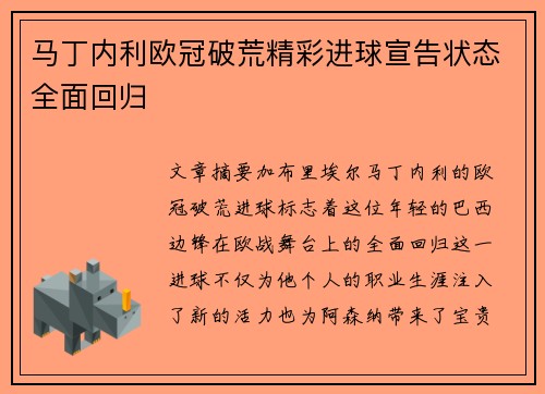 马丁内利欧冠破荒精彩进球宣告状态全面回归
