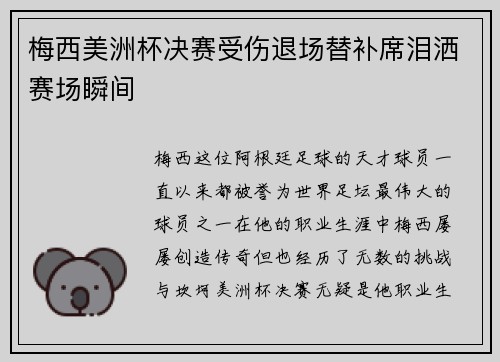 梅西美洲杯决赛受伤退场替补席泪洒赛场瞬间